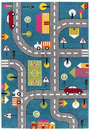 Ladole Rugs Adorable Cute Durable Soft Modern Moda Collection Kids Area Rug Carpet with Cars and Roads City Theme in Blue, 8×10 (7’6″ x 10’2″, 240cm x 320cm)