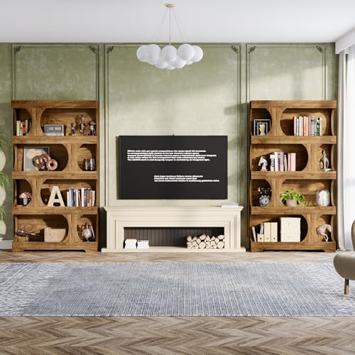 Image of Tribesigns 71 inch Tall Bookcase Set of 2, 4-Tier S-Shaped Bookshelf, Wood Decorative Storage Shelving, Modern Freestanding Display Shelves, Large Library Bookshelf Unit for Home Office Living Room, Brown