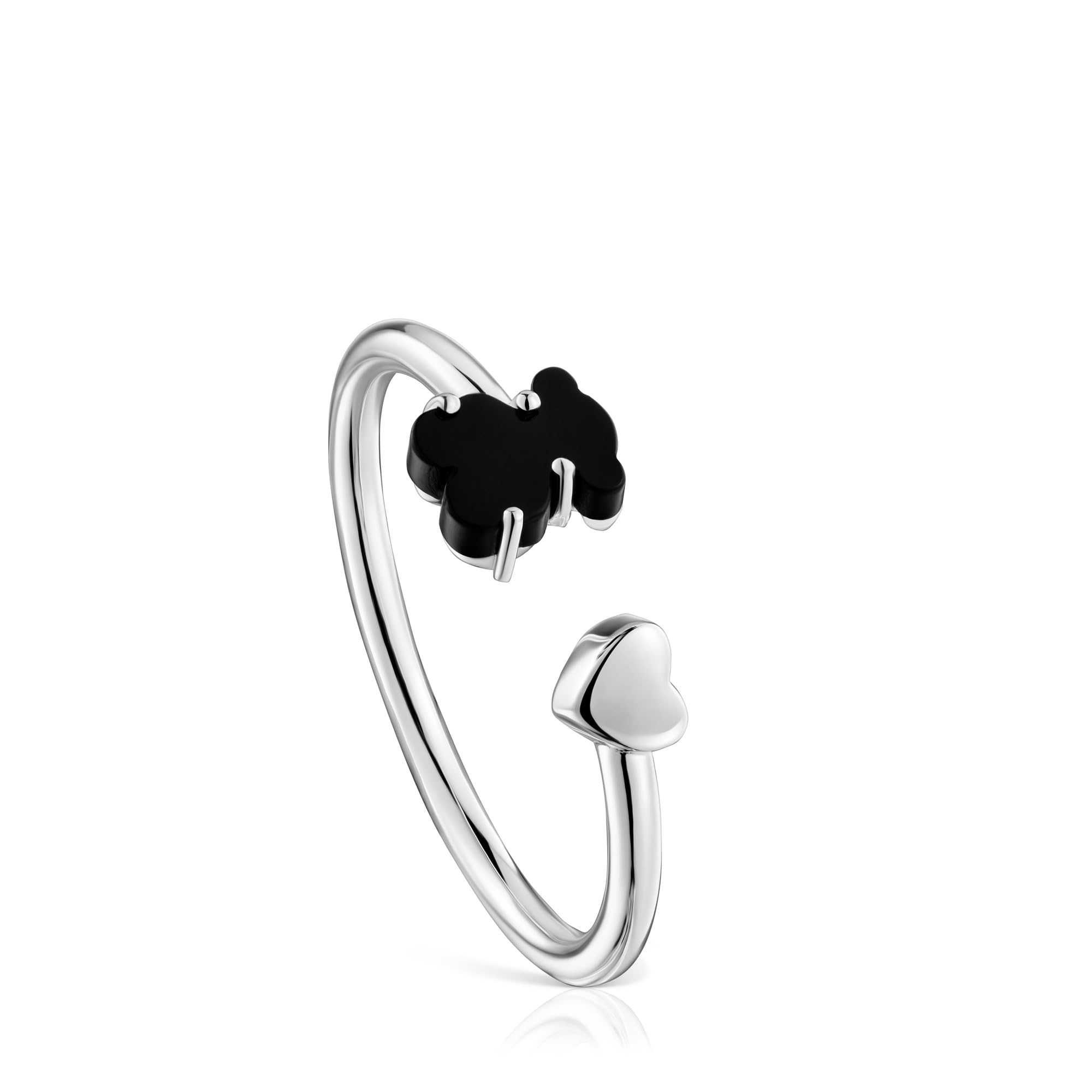 TOUS Anillo de Plata de Primera Ley con Motivo Corazón y Oso en Ónix para Mujer, Talla 14-16, Colección Mini Color