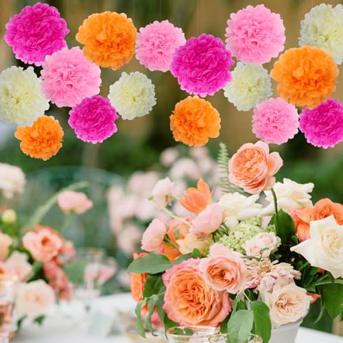 Image of BestoFun 16 PCS Hot Pink Orange Cream Party Decorations Tissue Paper Flowers Pom Poms Decorations for Girl Groovy Birthday Baby Shower Wedding Bachelorette Room Wall Hanging Decor