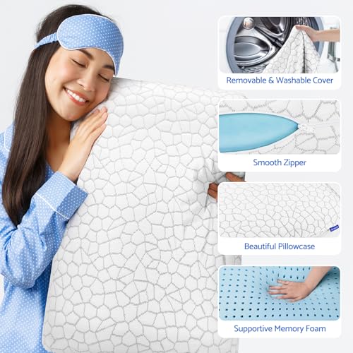 Memory Foam Pillows for Sleeping, Cooling Pillow with Removable and Machine Washable Cover, Bed Pillow for Side, Back and Stomach Sleepers, Queen Size (2 Pack)