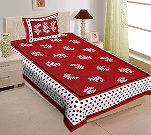 Serene Decor Jaipuri Single Bedsheet, 160 TC Single Bed Cotton Bedsheet and 1 Pillow Covers, Plain Premium, Platinum Superior Elegant (60 X 90 inches) (AE5017_Red)