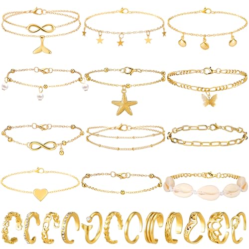 Image of Sasylvia 24 Pcs Anklet and Toe Ring Set for Women Girl Silver Gold Layered Anklet Chain Adjustable Open Toe Ring Foot Jewelry