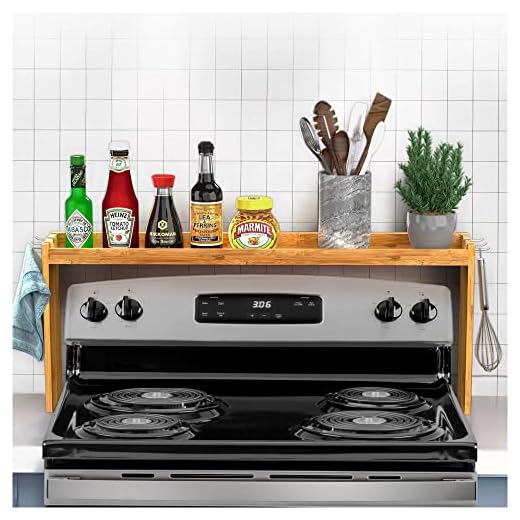 IIIOIIIA Bamboo Over The Stove Spice Shelf for Kitchen Storage, 31.5" Kitchen Spice Rack Organizer Stove Top Shelf with 6 Hooks, 11.4" Height Extra Storage Countertop, Easy to Assemble