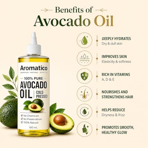 Image of AROMATICO Avocado Oil for Hair & Skin Care - Deep Nourishing Oil Rich in Vitamins for Hair Growth, Scalp Care & Intense Skin Hydration | Multipurpose Daily Use Oil - 100ml