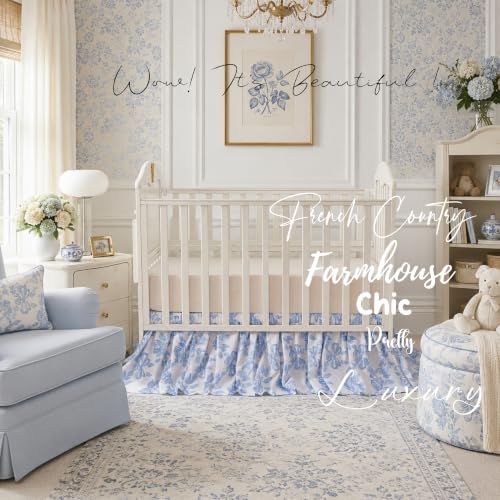 Image of Brandream Organic Cotton Crib Skirt Dust Ruffle, Baby Girl Crib Bed Skirt, 4-Sided, Luxury French Vintage Blue Rose Floral & Bow Cottagecore Toddler Bedskirt Farmhouse Chic Nursery Bedding Skirt