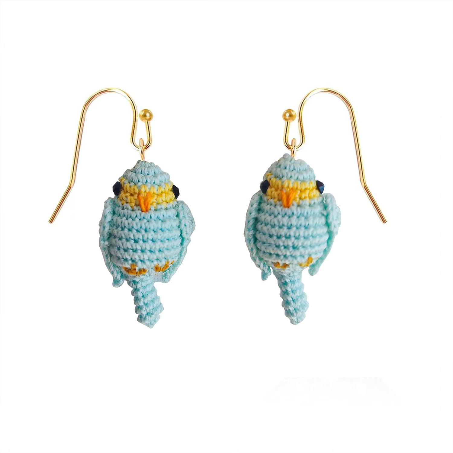 Hand-crocheted yellow and blue parrot earrings, miniature crocheted artistic cute playful parrot gifts accessories