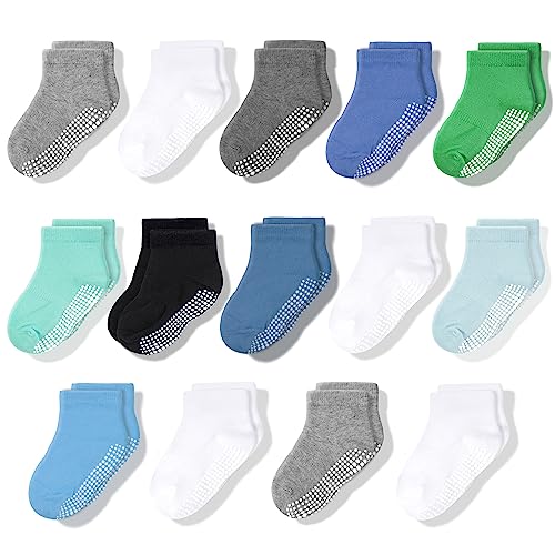 CozyWay Toddler Boy Socks With Grippers Non Slip Low Cut Grip Socks for Boys Soft Comfy Cotton - 1T-3T Multi Color Blue - 14 Pack