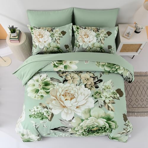 Juego de edredón Queen de microfibra suave de 7 piezas estampado verde 3