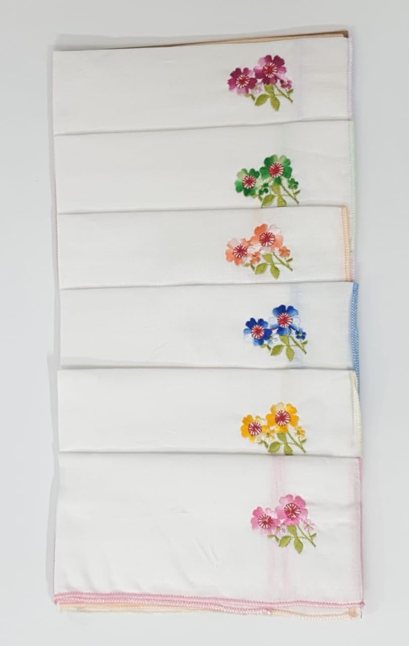 ANVIK Women/Lady Cotton Embroidery Floral Handkerchief .Hanky for Kids Girls for School Size 33cm by 33 cm (White) Pack of 6 - Image 5 thumbnail