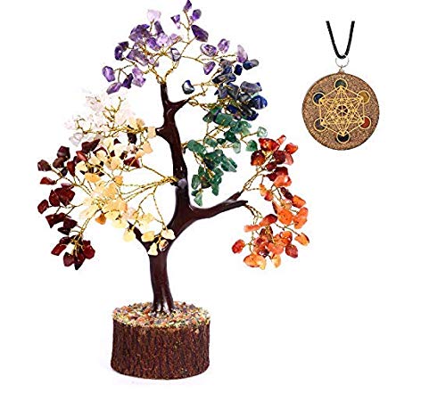 SUBSHSUBSH Seven Chakra Money for Fortune Tree 7 Chakras Metatron Cube Orgone Crystal Necklace Reiki Stones Pendant Healing Golden Wire Spiritual Gift Chakra Feng Shui Tree Gemstone Home Decoration