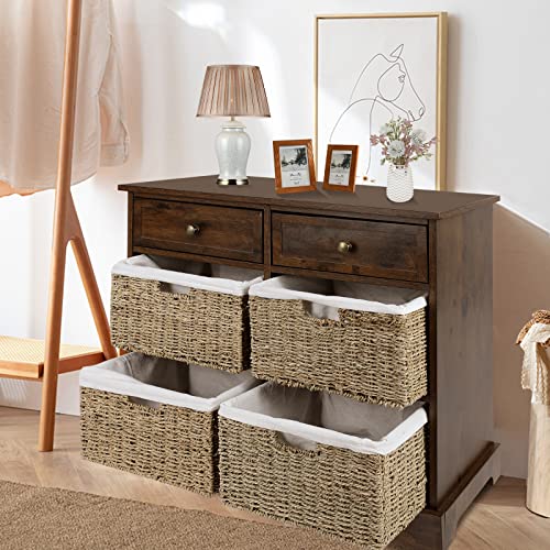Babion Storage Cabinet With Baskets, Storage Organizer With 2 Drawers And 4 Wicker Baskets, Wicker Dresser With Wooden Tabletop, Brown Wicker Basket Storage Chest For Closet, Bedroom, Dorm #TOP6