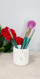 Decorative Makeup Brush Holder, White Ceramic with Gold Accents, Ribbed Design
