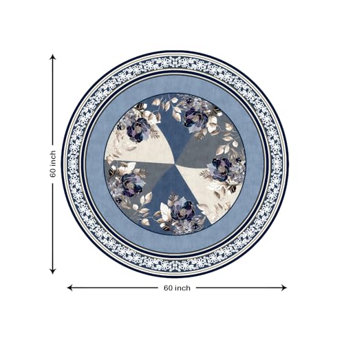 Image of Cloth Fusion Velvet Floral Round Shape Dining Table Cover Cloth 4 Seater with Stunning Gold Foil Design for Home Decor (60 Inch Round, Blue)