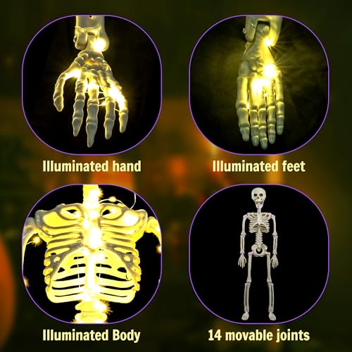 wymulot 2 Pack 40 Inches Plug Operated 400 LED Light Up Halloween Skeleton Full Body Posable Movable Jonints for Halloween Decoration Décor - image 4