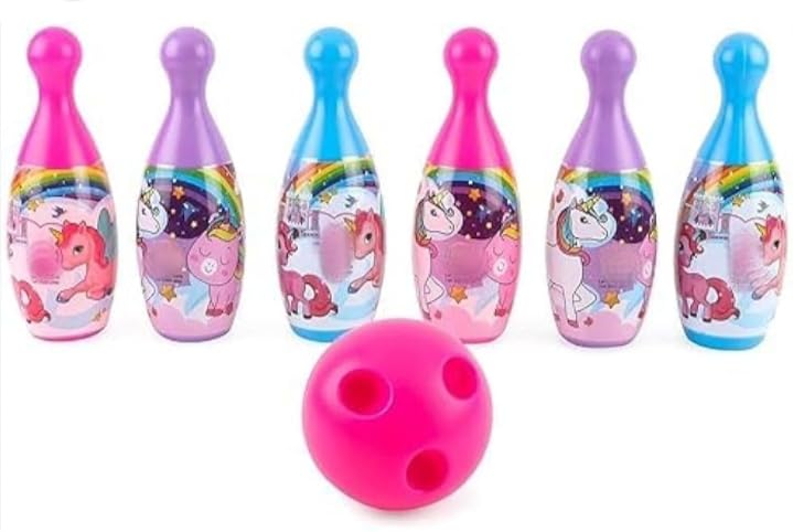 Kids' Unicorn Bowling Set, 6 Pins and 1 Ball, Multicolour Pack of 1 Floor Game Toy for Kids
