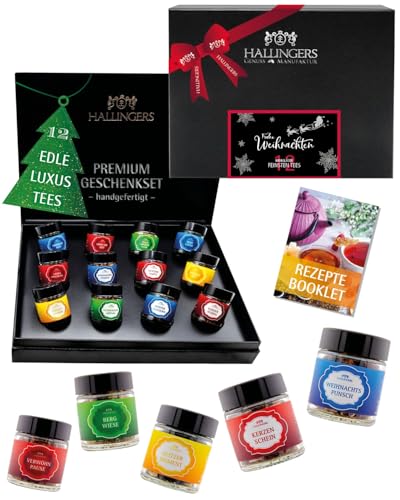 Hallingers Genuss Manufaktur Tee Geschenkset Weihnachten - 12 Sorten Premium loser Tee im Glas in edler Geschenkbox, vegan & glutenfrei, Tee Set 'Frohe Weihnachten' Probierset, Geschenkidee...