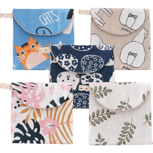 Baluue 5 Piezas Bolsa para Toallas Sanitarias de Gran Capacidad, Ligera y Multiusos, de Tela Tejida Decorativa, Portátil para Niñas en Escuela y Oficina