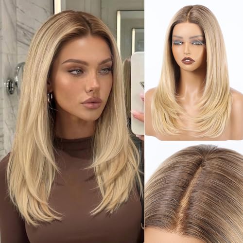 Image of EMMOR Human Hair Wig for Women 13x5x1 Inch HD Lace Front Wig 18 Inch Layered Glueless Wigs Pre-Plucked Hairline Human Hair Blend Premium Synthetic Fiber for Everyday Wear(Ombre Light Blonde)