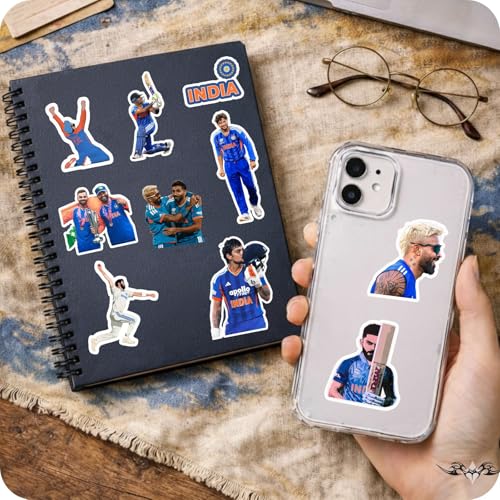 Image of Cricket Stickers - Pack of 25 Indian Cricket Team Stickers for Laptop, Phone, Journal, etc | India Team Vinyl Sticker | Self Adhesive Glossy Waterproof Decals