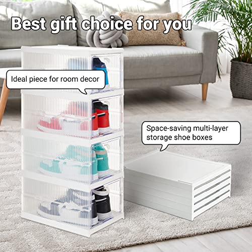 Labonida 4 Tier Shoe Storage Organizer Box, No-Assembly-Required Clear Shoe Boxes Container For Closet, Foldable Large Sneakers Display Case With Lids, Drop Front Space Saving Plastic Storage Bins For Size 12 #TOP3