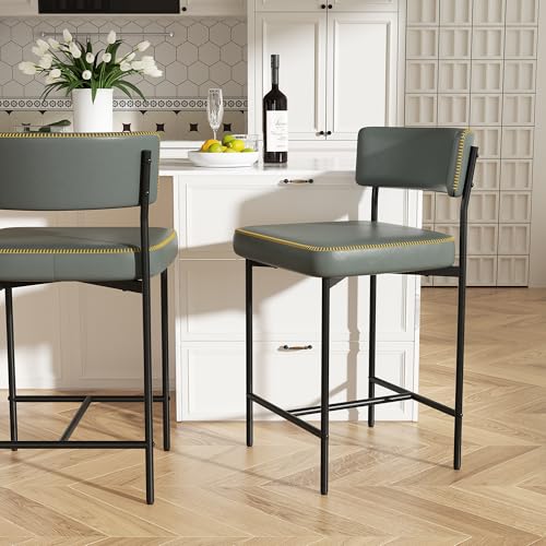 Image of Bar Stools, Faux Leather Counter Height Barstools with Curved Back, 25 Inch Upholstered Bar Chairs, Modern Counter Stools for Kitchen lsland, Grey
