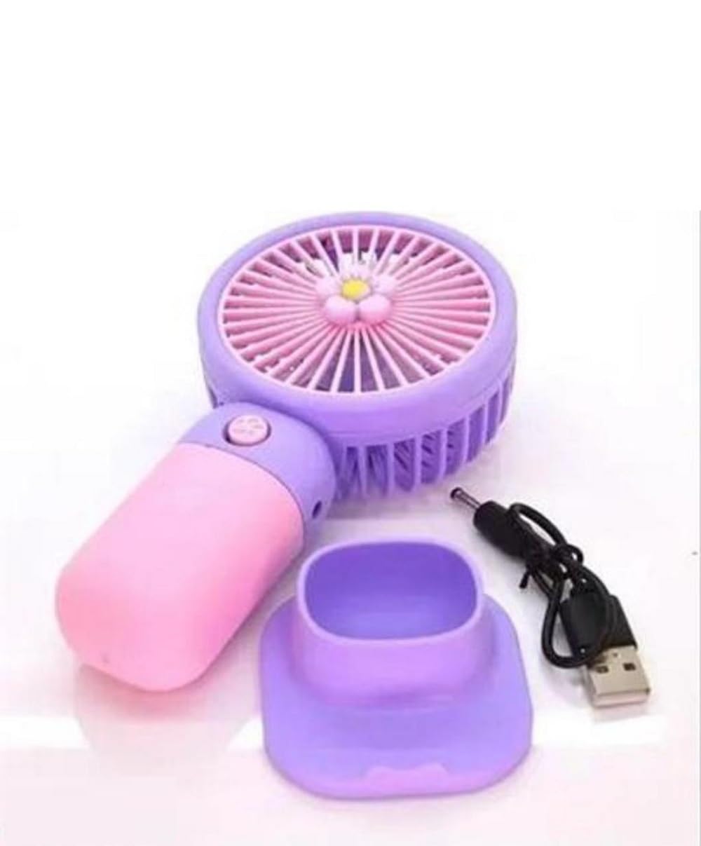 Devanshi Art Mini Portable Handheld Fan USB Rechargeable — Flower Pot Design, 3-Speed Personal Fan with Desktop Base for Travel, Office & Kids (multicolour)-image-2