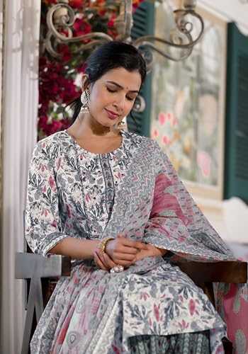 Image of MIRCHI FASHION Women's Straight Fit Pure Cotton Jaipuri Floral Printed Sequins Thread Work Kurta Set with Dupatta and Trouser