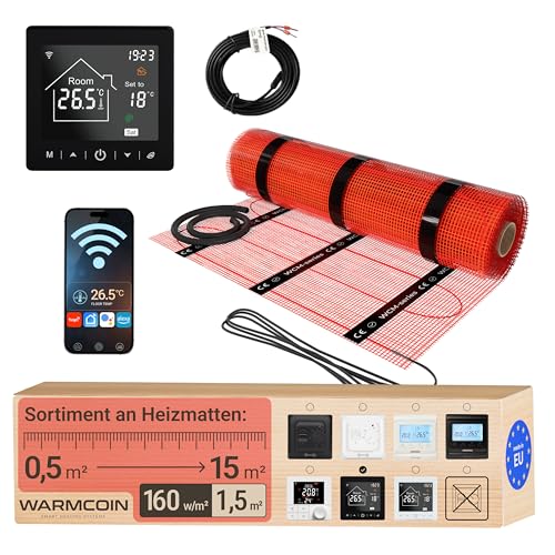 Warmcoin Elektrische Fußbodenheizung All-in-One Set 160 W/m² – Fliesen, Laminat & Vinyl – 1,5 m² – Inkl. W100 Schwarz WiFi-Thermostat mit Touchscreen – Modernes Design & App-Steuerung