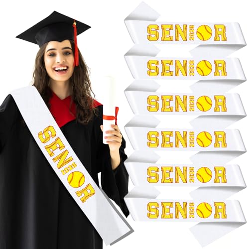 Hotop 6 Pcs Senior 2026 Satin Sashes White Sashes with Sport Themed Letters 2026 Graduation Sash Senior Cheer Sash Cheerleader Celebration Class Competition Party Decoration Supply (Softball)