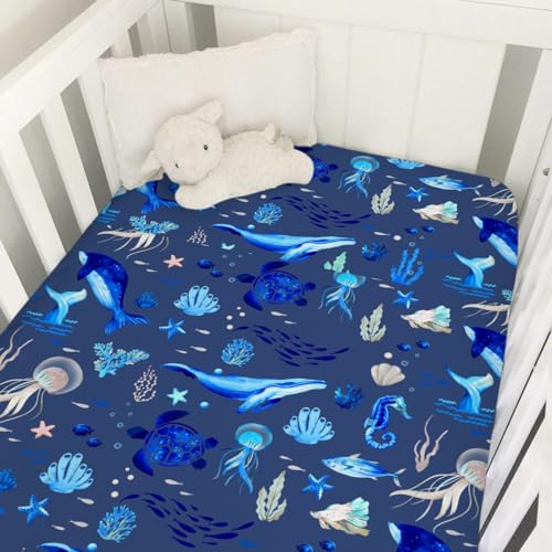 Image of Nautical Life Baby Crib Sheet 52''x28'' Ocean Sea Turtle Whale Jellyfish Sea Horse Weeds Fitted Crib Mattress Cover for Boy Girl Nursery Bed Sheets for Standard Crib and Toddler Mattress Navy