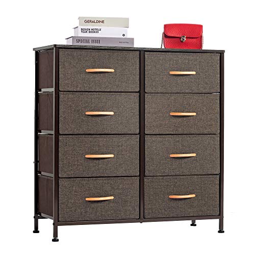 WAYTRIM 4-Tier Wide Drawer Dresser, Storage Unit with 8 Easy Pull Fabric Drawers and Metal Frame, Wood Top, Organizer Unit for Bedroom, Hallway, Entryway, Closets, 31.5 x 11.81 x 32.12 Inches - Brown