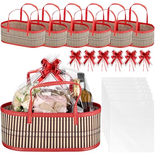 Image of Reallnaive 6 Sets Empty Baskets for Gift to Fill Large Woven Basket for Back to School DIY Birthday Party Empty Gift 15.75 x 7.87 x 6.3 Inch, Bows and Cellophane Wrap Bags