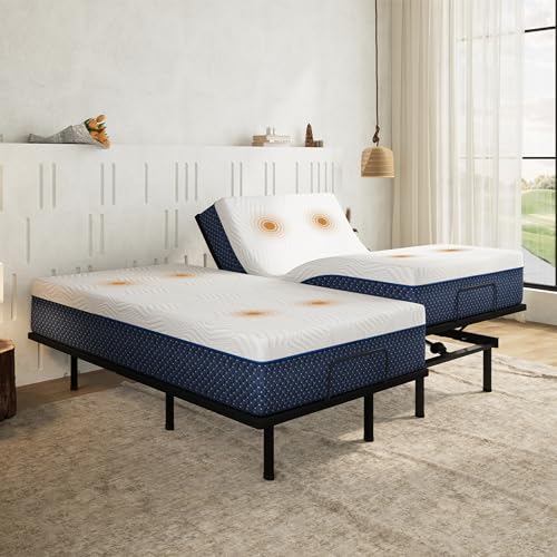 Image of Split King Adjustable Bed Frame + 14 Inch Gel Memory Foam Mattress,Wireless Remote and Massage & Head and Foot Incline,CertiPUR-US Certified & Fiberglass Free,Zero Gravity
