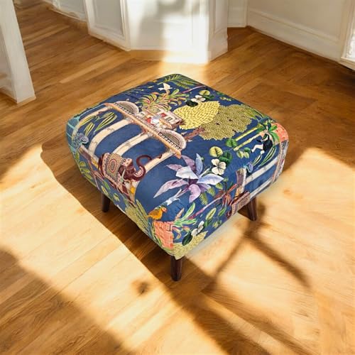 Image of The Artage Puffy Stool for Living Room Sitting Printed Premium Foam Cushioned Pouffe Ottoman for Foot Rest Stool for Home Decor Furniture with 4 Wooden Legs (Floral) (Blue Royalty)
