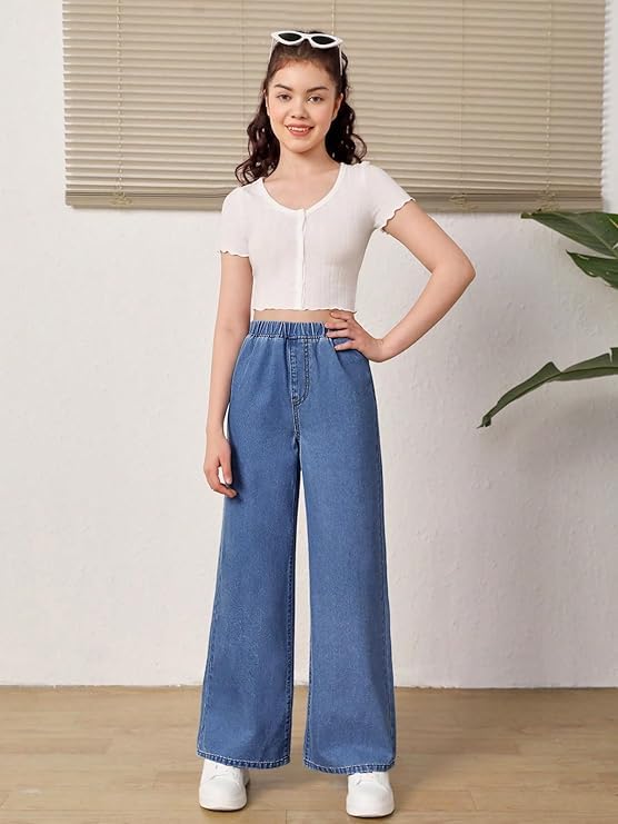 Image of ADBUCKS Girl's Stretch Denim Wide Leg Jeans Comfort Fit with Elastic Waistband, Straight Cut, Casual Style for All Seasons, Versatile Clothing
