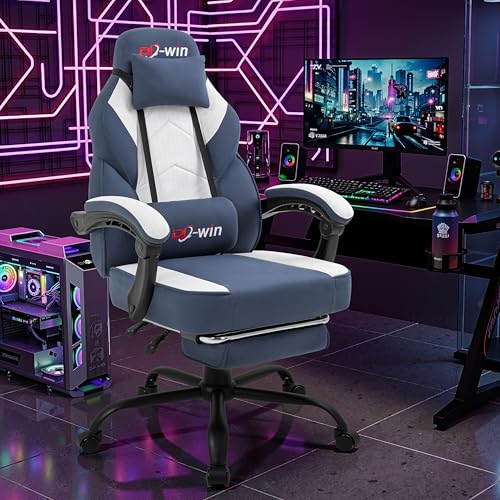 Image of DL-win Video Gaming Chair for Adults, Computer Chair with Footrest and Ergonomic High Back, Big and Tall Gamer Chair with Massage Lumbar Support (Light Blue Fabric)
