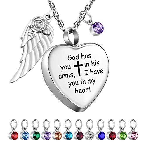 Heart Cremation Necklace for Ashes Angel Wing Urn Necklace with 12 PCS Birthstones-God Has You in His Arms, I Have You in My Heart