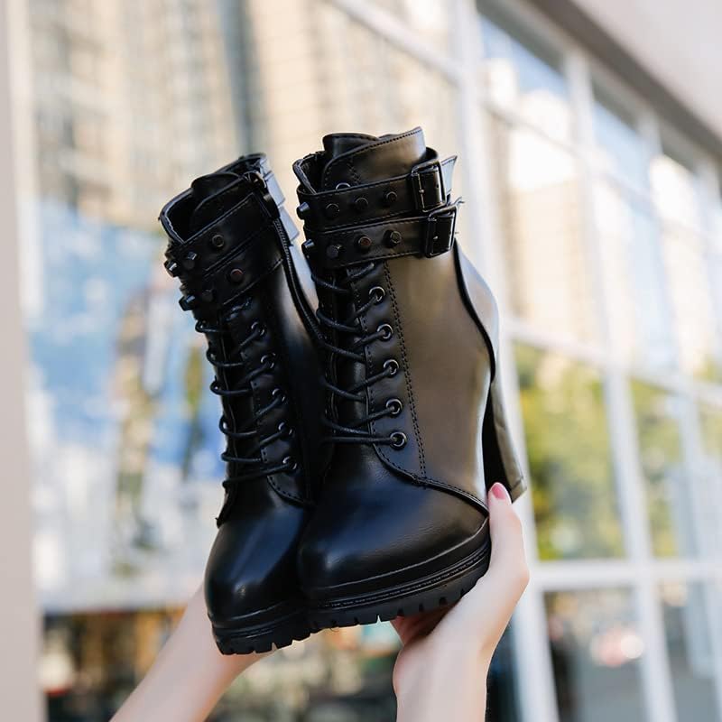 Women's Chunky High Heel Platform Knight Boots Women Lace Up Ankle Boots Sexy Party Platform Buckle Strap Short Booties3