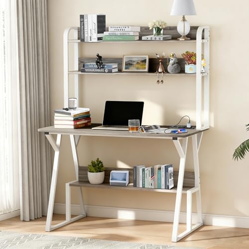 Opiniones de Escritorios comprados en linea. 50 Gurkitsy Escritorio para Computadora, Escritorios Oficina con 3 Niveles de Repisas y Toma de Corriente, Fácil de Montar, Estructura Resistente, Escritorio de Estudio para Oficina,...