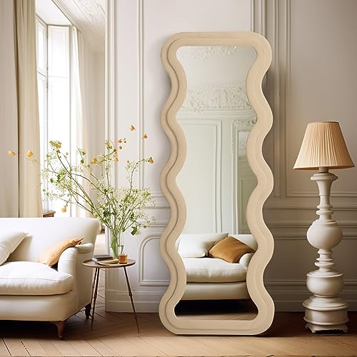 Image of Full Length Mirror 63 inchx24 inch Irregular Wavy Mirror with Flannel Wrapped Wood Frame Floor Mirror for Living Room, Bedroom Hanging or Leaning Wall-Mounted, Milk Teal