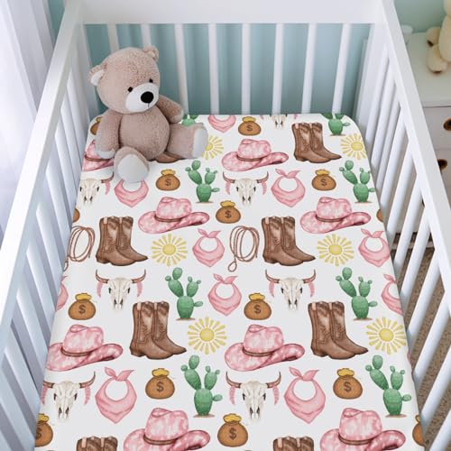 Image of Pink Western Cowgirl Cowboy Fitted Baby Crib Sheet for Boy Girl 52 inchx28 inch Desert Cowboy Hat Boot Sun Cactus Soft Breathable Baby Crib Mattress Bed Sheet Fits Standard Crib and Toddler Mattress