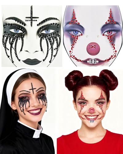 2 Pack Halloween Face Gems Jewels Clown Face Sticker Nun