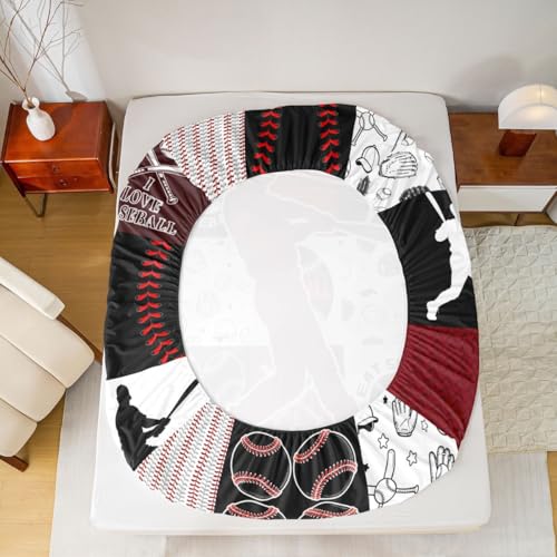 Image of Castle Fairy Patchwork Baseball Fitted Sheet King Size with 2 Pillowcases,Sports Geometric Grid Red Bed Sheet Set,Baseball Player Top Flat Sheet Luxury Microfiber Breathable