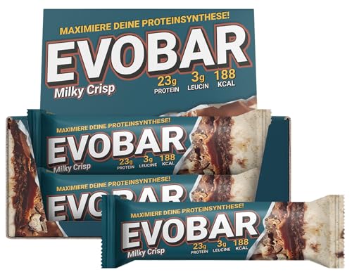 EVO SPORTS FUEL EVOBAR Milky Crisp Protein Riegel | 12 x 60g | ZERO palmöl Eiweißriegel mit 23g protein pro Bar | geprüfte Qualität | Made in Germany (1er Pack)