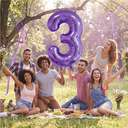 Image of Number Balloons for Birthday Decorations - 40 Inch Large Party Balloons 3, Purple Foil Number Balloons for Boys Girls, Balloons for Party Supplies