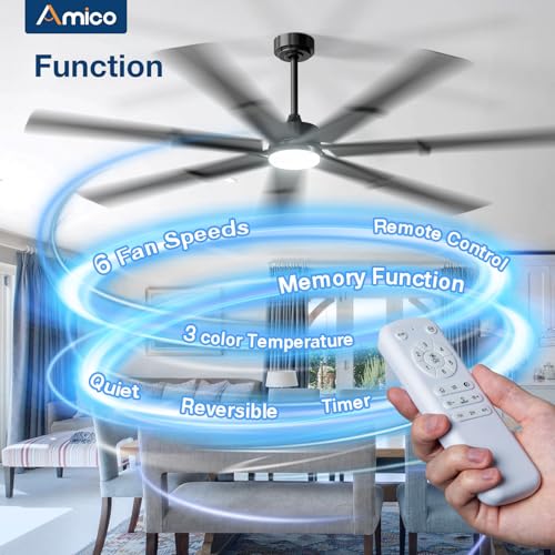 Image of Amico Ceiling Fans with Lights,74 inch Black Ceiling fan with Light and Remote, 6 Speed Reversible DC Motor, 3CCT, Dimmable, Quiet, Timer, Large Modern Ceiling Fan for Living room, Indoor /Outdoor