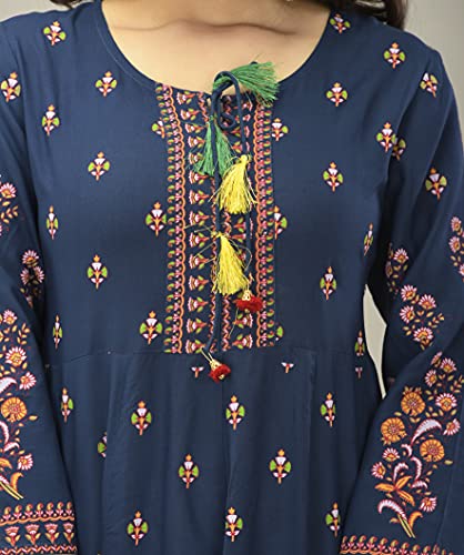 Image of Aj Art Anarkali Kurti for Women and Girls Floral Golden Print Regular Slim Fit Rayon Blue (Set of 1)