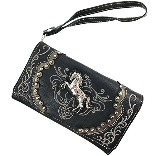 Justin West Horse Embroidery Studded Concealed Carry Handbag Purse Matching Wallet (Black Wallet)2