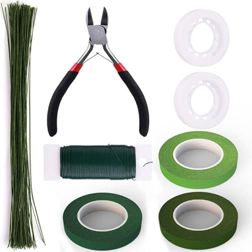 GLAMFIELDS Floral Arrangement Kit with Cutter, 5 Rolls 1/2" Wide Floral Tapes, 100 pcs 26 Gauge Floral Stem Wire, 1 Roll 22 Gauge Floral Wire for Bouquet Stem Wrapping and Floral Crafts